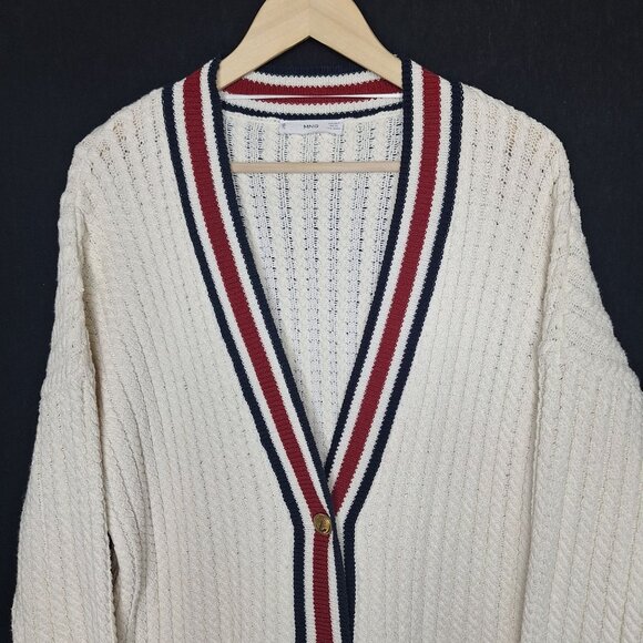💙 MNG Mango Thick Longline Varsity Cardigan Sweater Size S/M Oversized Cablekni - Picture 3 of 8